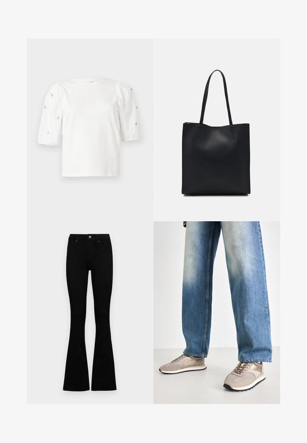 White cotton t-shirt with short puff sleeves, featuring small silver embellishments along the sleeves. Classic round neckline, relaxed fit.; Black high-waist jeans with a button and zip closure, front pockets, and flared legs laid flat on a white background.; Beige athletic shoes with mesh and leather panels, featuring a black outsole and lace-up design, paired with light blue loose-fitting jeans.; Black leather tote bag with smooth texture, rectangular shape, and two long handles. No visible hardware or embellishments.