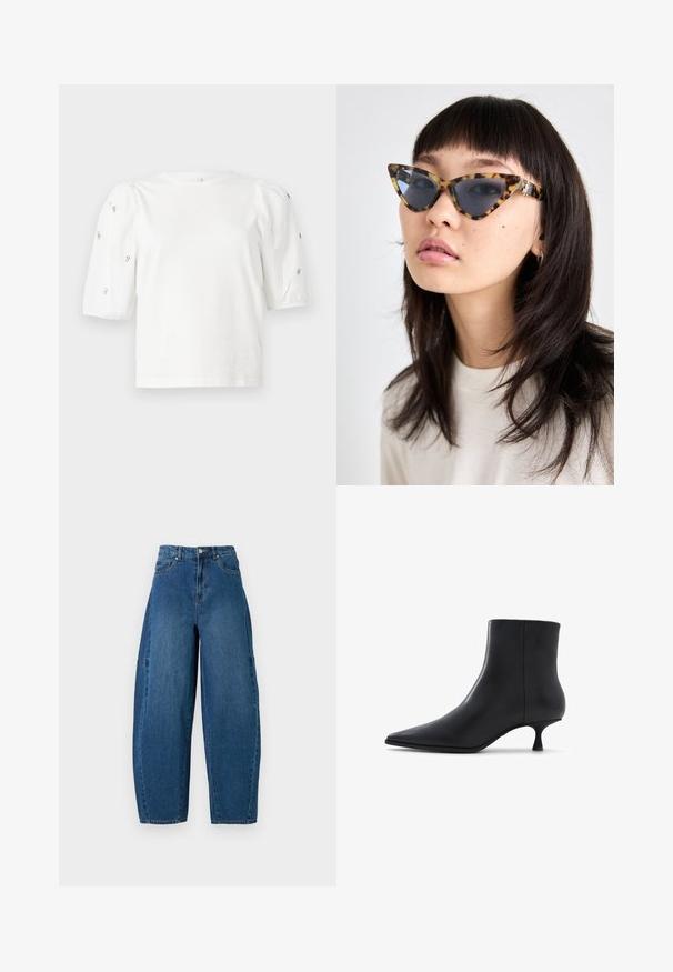 Camiseta de algodón blanca con mangas cortas tipo globo, que presenta pequeños adornos plateados en las mangas. Cuello redondo clásico, corte holgado.; Jeans de denim en un lavado azul medio, con una cintura alta, corte de pierna ancha y diseño estándar de cinco bolsillos con detalles de costura visibles.; ALDO EMMALIE - Botines - black; Gafas de sol de ojo de gato con montura de carey y lentes oscuros. Presentan acentos metálicos en las varillas, mostrando un diseño distintivo.