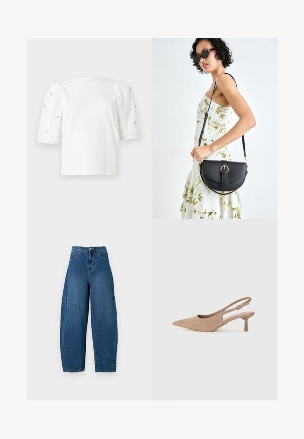Bela bombažna majica s kratkimi rokavi s pufastimi rokavi, ki ima majhne srebrne okrase vzdolž rokavov. Klasičen okrogel izrez, sproščen kroj.; Jeans iz denima v srednjem modrem pranju, z visokim pasom, širokim krojem nogavic in standardnim pet-imenskim dizajnom s vidnimi šivi.; Bežna zamahlna obutev iz semiša s koničastim nosom in nizkim, prozornim blokom pete. Ima prilagodljiv trak za varen oprijem.; Črna usnjena torbica s ukrivljeno obliko, z odstranljivo naramnico in zlatimi dodatki. Torbica ima pokrov s podrobnostmi v obliki zaponke.