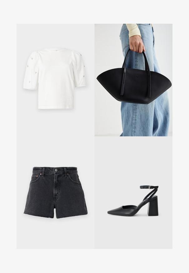 White cotton t-shirt with short puff sleeves, featuring small silver embellishments along the sleeves. Classic round neckline, relaxed fit.; High-waisted black denim shorts with frayed hem, five-pocket design, metal button closure, and subtle contrast stitching.; Black leather pointy-toe pump with an ankle strap and a chunky heel. Flat texture, sleek design, and minimalistic aesthetics.; Black leather handbag with a unique fan shape, featuring flat handles. The surface has a pebbled texture and a minimalistic design.
