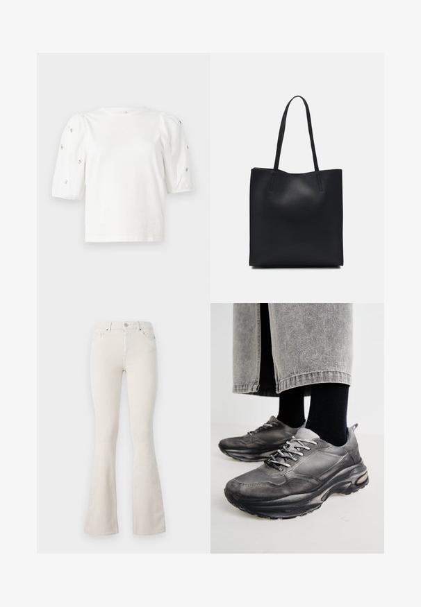 Hvit bomull T-skjorte med korte pufferm, med små sølvdekorasjoner langs ermene. Klassisk rund hals, avslappet passform.; Beige cordfløyelsbukser med vide ben og høy livhøyde, med metallknapp, beltehemper og synlig rillet tekstur gjennom hele.; Sorte og grå treningssko har en mesh-overdel, tykke såler og snøring. De har en rund tå og synlige dempe detaljer.; Svart lær tote bag med glatt tekstur, rektangulær form og to lange håndtak. Ingen synlige deler eller dekorasjoner.