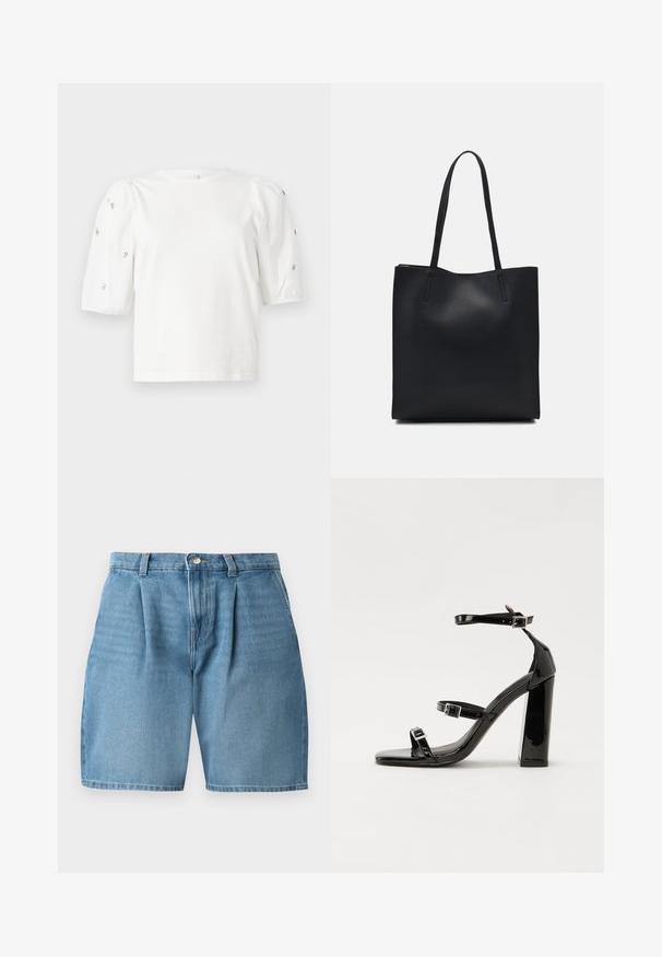 T-shirt branca de algodão com mangas puff curtas, apresentando pequenos embellissements prateados ao longo das mangas. Decote redondo clássico, corte descontraído.; Calções de ganga azul claro com pregas frontais, fecho de botão e costura clássica. O tecido tem uma textura suave e um corte direito.; Sandálias de tacão preto laqueadas com bico quadrado, tiras para o tornozelo e fivelas prateadas. Apresentam um salto bloco chunky para estabilidade.; Bolsa tote preta em couro com textura lisa, forma retangular e duas alças longas. Sem hardware ou enfeites visíveis.