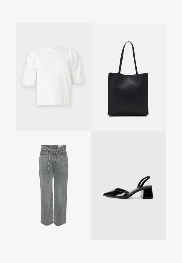 Tricou alb din bumbac cu mâneci scurte tip bufantă, având mici embellisheuri argintii pe mâneci. Decolteu clasic rotund, croială lejeră.; Pantaloni largi din denim gri cu talie ajustabilă prin șnur, având cinci buzunare și o decolorare subtilă, proiectați cu o potrivire lejeră și o textură netedă.; Pantofi cu toc slingback din piele lacuită neagră, cu vârf ascuțit și toc geometric. Prezintă un design elegant, minimalist și o textură netedă.; Geantă tote neagră din piele, cu textură netedă, formă rectangulară și două mânere lungi. Fără hardware vizibil sau ornamente.