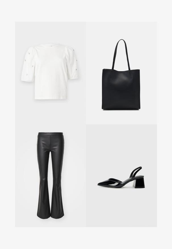 White cotton t-shirt with short puff sleeves, featuring small silver embellishments along the sleeves. Classic round neckline, relaxed fit.; Black faux leather flared pants with a smooth texture and elastic waistband; fitted through the thigh before flaring at the bottom.; Black patent leather slingback heels with a pointed toe and a geometric block heel. Features a sleek, minimal design and smooth texture.; Black leather tote bag with smooth texture, rectangular shape, and two long handles. No visible hardware or embellishments.