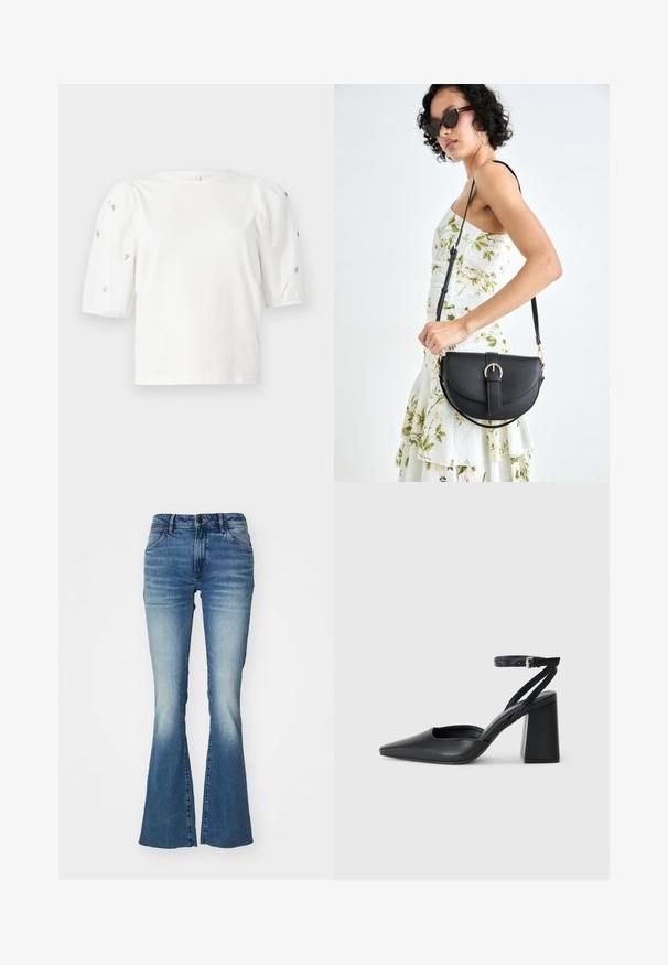 T-shirt en coton blanc à manches courtes bouffantes, avec de petites embellissements en argent le long des manches. Encolure arrondie classique, coupe décontractée.; Jean en denim bleu avec un design évasé, taille mi-haute, et délavage dégradé passant d'un bleu foncé à un bleu clair, avec une style à cinq poches.; Escarpin noir en cuir à bout pointu avec une bride de cheville et un talon épais. Texture lisse, design élégant et esthétique minimaliste.; Sac à main en cuir noir avec une forme courbée, bandoulière amovible et des accessoires en or. Le sac est doté d'un rabat avec un détail de boucle.