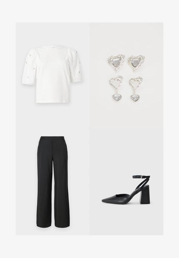 White cotton t-shirt with short puff sleeves, featuring small silver embellishments along the sleeves. Classic round neckline, relaxed fit.; Black wide-leg trousers with pinstripe pattern, featuring a flat waistband and two side pockets, made from smooth fabric.; Black leather pointy-toe pump with an ankle strap and a chunky heel. Flat texture, sleek design, and minimalistic aesthetics.; Silver heart-shaped earrings feature faceted clear stones, with a textured frame. The set includes stud and drop styles.