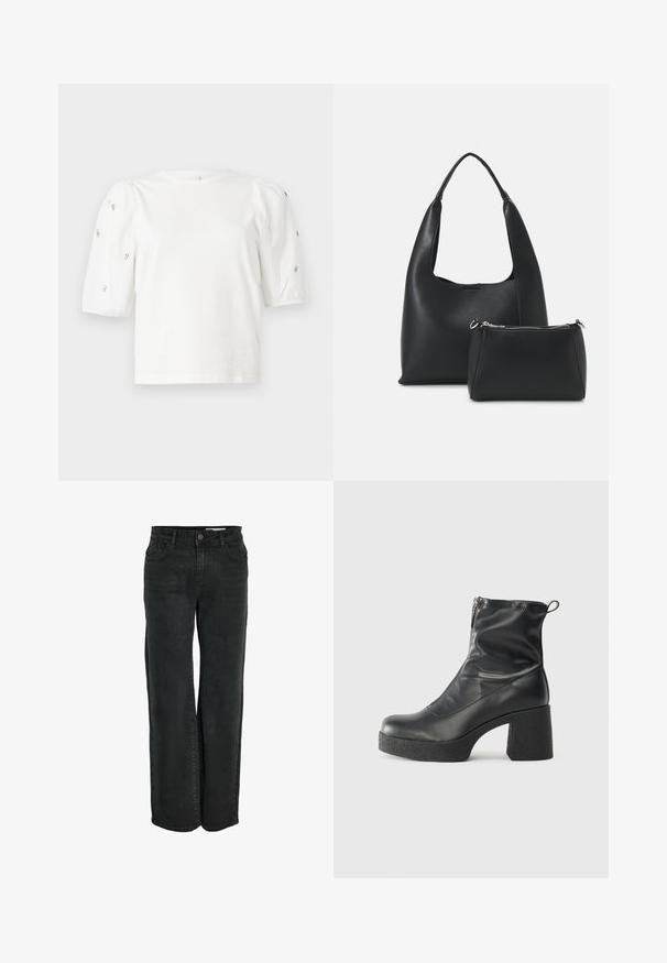 Bela bombažna majica s kratkimi rokavi s pufastimi rokavi, ki ima majhne srebrne okrase vzdolž rokavov. Klasičen okrogel izrez, sproščen kroj.; Črne široke jeans hlače iz denima, z klasičnim petim žepom in zadrgo sClosure gumbom. Gladka tekstura.; Črne gležnjarje iz gladke kože z božnim zadrgo, masivnim teksturiranim peto in zaobljeno obliko prstov.; Even&Odd Torbica - black