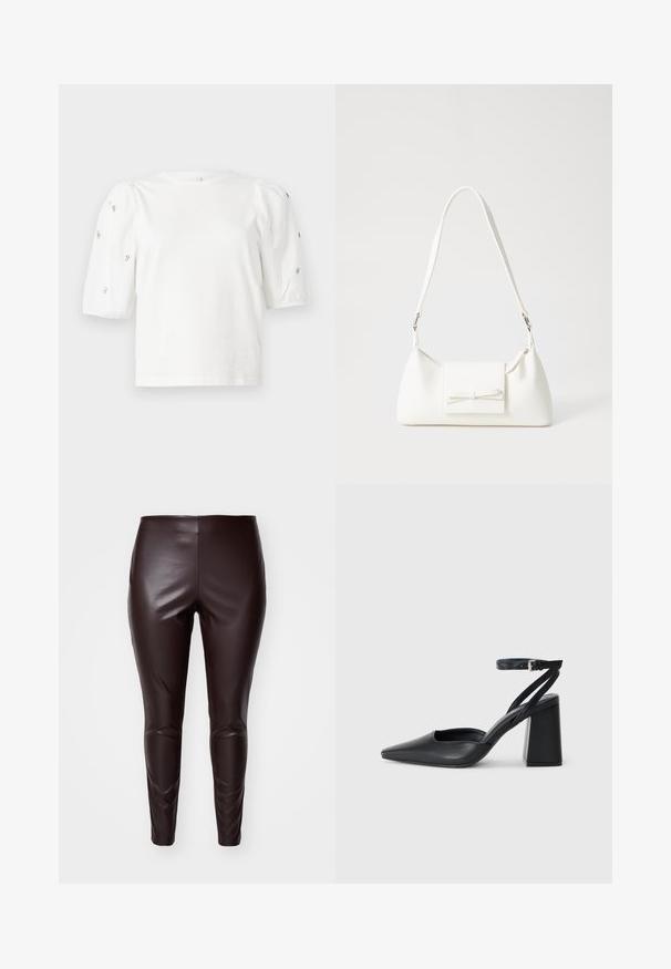 Hvit bomull T-skjorte med korte pufferm, med små sølvdekorasjoner langs ermene. Klassisk rund hals, avslappet passform.; Brune falsk skinn leggings med en glatt tekstur, tettsittende design og kne-detaljer, med høy midje og smale benåpninger.; Svart lær pumps med spiss tå, ankelrem og kraftig hæl. Flat tekstur, strømlinjeformet design og minimalisme.; Hvit syntetisk håndveske med trekantet form, flat klaff foran og sløyfe detaljer, justerbar stropp, glatt tekstur og minimalistisk design.