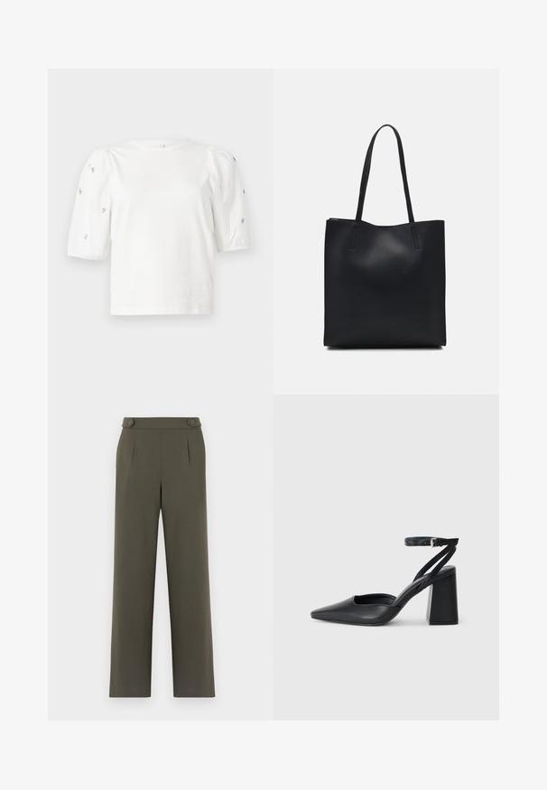 T-shirt branca de algodão com mangas puff curtas, apresentando pequenos embellissements prateados ao longo das mangas. Decote redondo clássico, corte descontraído.; Calças de cor verde-oliva com um design de perna reta, apresentando dois botões na cintura e pregas frontais para um detalhe adicional.; Sandal com biqueira afilada em couro preto, com cinta no tornozelo e salto grosso. Textura lisa, design elegante e estética minimalista.; Bolsa tote preta em couro com textura lisa, forma retangular e duas alças longas. Sem hardware ou enfeites visíveis.