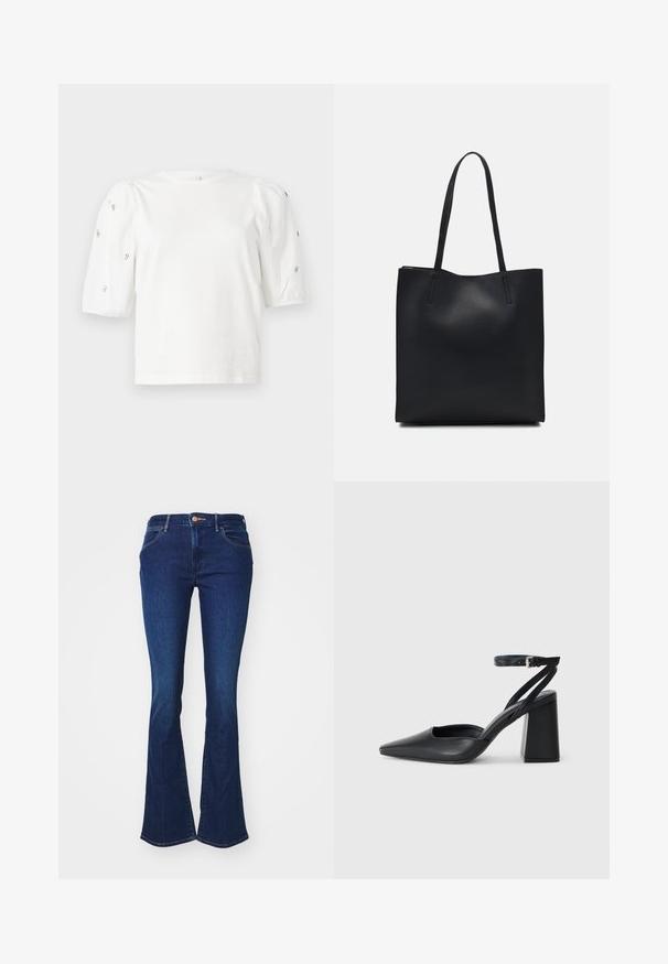 T-shirt branca de algodão com mangas puff curtas, apresentando pequenos embellissements prateados ao longo das mangas. Decote redondo clássico, corte descontraído.; Jeans flared de denim azul escuro com uma cintura ajustada, fecho por botão e desbotamento subtil. Costura em contraste visível ao longo das costuras.; Sandal com biqueira afilada em couro preto, com cinta no tornozelo e salto grosso. Textura lisa, design elegante e estética minimalista.; Bolsa tote preta em couro com textura lisa, forma retangular e duas alças longas. Sem hardware ou enfeites visíveis.