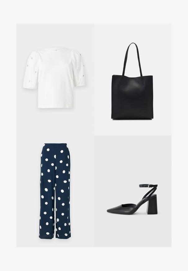 Balta medvilnės marškinėliai trumpomis pūstomis rankovėmis, papuošti mažomis sidabrinėmis detalėmis ant rankovių. Klasikinis apvalus iškirpimas, laisvas siluetas.; Jūrų laivyno plačios kojų kelnės, pagamintos iš lengvos medžiagos, su didelėmis baltomis taškelėmis, lygiu juosmeniu ir laisvu siluetu.; Juoda odinė smailiagalė aukštakulnio bateliai su kulkšnies dirželiu ir storu kulnu. Lygus paviršius, elegantiškas dizainas ir minimalistiška estetinė. ; Juodas odinis tote krepšys su lygia tekstūra, stačiakampio formos ir dviem ilgais rankenomis. Matomų metalinių detalių ar puošybos nėra.