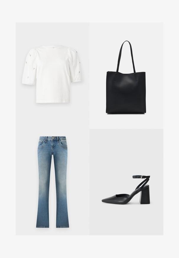 Fehér pamut póló rövid puffos ujjakkal, a ujjain kicsi ezüst díszítések találhatók. Klasszikus kerek nyakú, laza fazonú.; Világoskék, harangszárú farmernadrág. Fokozatos mosással készült, öt zsebbel rendelkezik, valamint gombos záródással és övhurkokkal a deréknál.; Fekete bőr, hegyes orrú magassarkú cipő boka pánttal és vastag sarokkal. Sima textúra, elegáns dizájn és minimális esztétika.; Fekete bőrtáska sima felszínnel, téglalap alakú, két hosszú füllel. Nincs látható fémkiegészítő vagy díszítés.