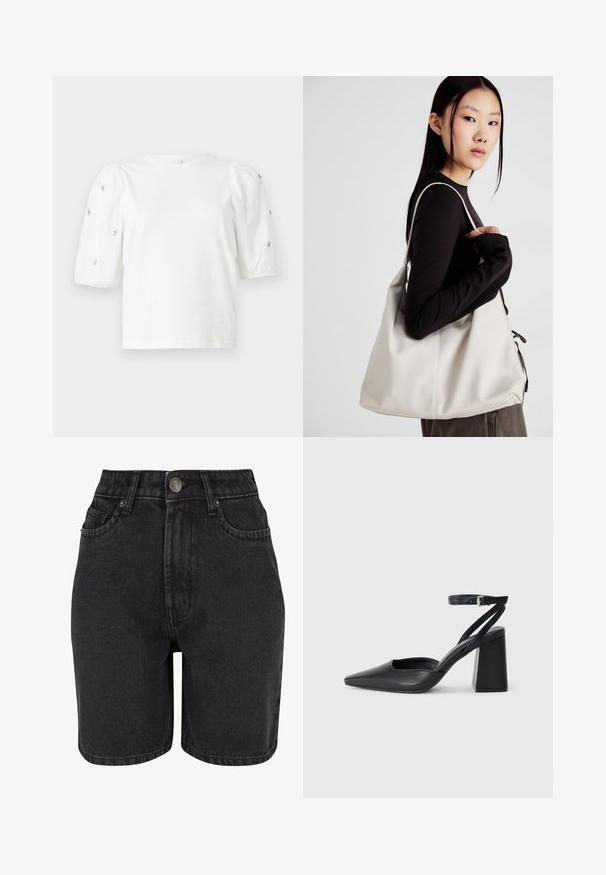Vit bomulls t-shirt med korta puffärmar, prydd med små silverdetaljer längs ärmarna. Klassisk rund halsringning, avslappnad passform.; Svarta denimshorts med hög midja, femficksdesign och metallknäppning. Tyget har en slät yta med subtila blekningar.; Svart läderpumps med spetsig tå, ankelrem och kraftig klack. Slät textur, stilren design och minimalistisk estetik.; Beige handväska tillverkad av mjukt material, med en avslappnad design, sydda detaljer och två axelremmar. Lämplig för dagligt bruk.