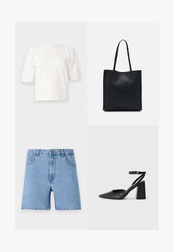 Balta medvilnės marškinėliai trumpomis pūstomis rankovėmis, papuošti mažomis sidabrinėmis detalėmis ant rankovių. Klasikinis apvalus iškirpimas, laisvas siluetas.; Šviesiai mėlynos džinsinės šortai su aukštu liemeniu, penkiais kišenėmis ir vienu metaliniu mygtuku priekyje. Lygus paviršius, tiesus kirpimas.; Juoda odinė smailiagalė aukštakulnio bateliai su kulkšnies dirželiu ir storu kulnu. Lygus paviršius, elegantiškas dizainas ir minimalistiška estetinė. ; Juodas odinis tote krepšys su lygia tekstūra, stačiakampio formos ir dviem ilgais rankenomis. Matomų metalinių detalių ar puošybos nėra.