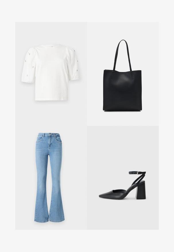 T-shirt branca de algodão com mangas puff curtas, apresentando pequenos embellissements prateados ao longo das mangas. Decote redondo clássico, corte descontraído.; Calças de ganga azuis claras, em corte amplo, com uma cintura alta, dois bolsos frontais e costura detalhada ao longo das costuras.; Sandal com biqueira afilada em couro preto, com cinta no tornozelo e salto grosso. Textura lisa, design elegante e estética minimalista.; Bolsa tote preta em couro com textura lisa, forma retangular e duas alças longas. Sem hardware ou enfeites visíveis.