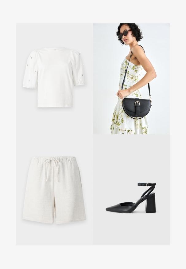 White cotton t-shirt with short puff sleeves, featuring small silver embellishments along the sleeves. Classic round neckline, relaxed fit.; Linen shorts in a creamy white color with an elastic waistband and drawstring. Features a textured surface and loose-fitting design.; Black leather pointy-toe pump with an ankle strap and a chunky heel. Flat texture, sleek design, and minimalistic aesthetics.; Black leather handbag with a curved shape, detachable strap, and gold hardware. The bag features a flap with a buckle detail.