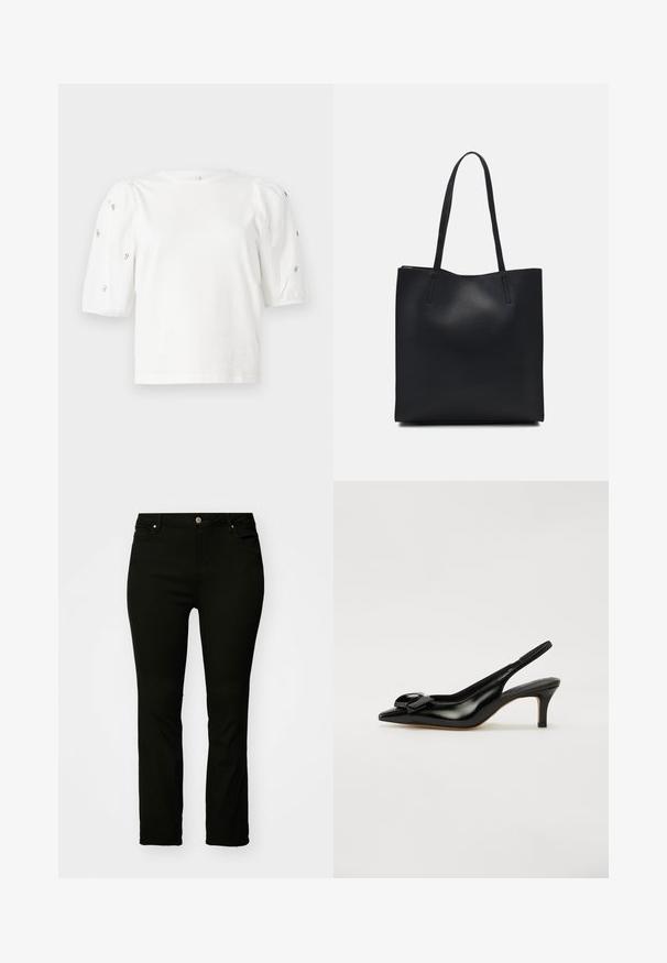 Hvid bomulds t-shirt med korte puffærmer, med små sølv detaljer langs ærmerne. Klassisk rund halsudskæring, afslappet pasform.; Sorte denimjeans med lige pasform, fem lomme-design, metalknap og subtile stikninger. Glat tekstur, alsidigt design.; Sorte lakerede slingback-sko med spids tå, lille hæl og en fremtrædende sløjfeaccent på vamsen. Glat tekstur og elegant design.; Sort læder tote taske med glat tekstur, rektangulær form og to lange hanke. Ingen synlig hardware eller udsmykninger.; Guldtonede metaløreringe med en glat, rund trekantet form og post-back design; reflekterende overflade med minimal detaljer.