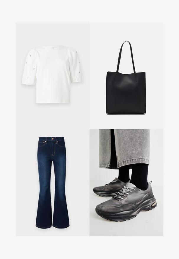T-shirt branca de algodão com mangas puff curtas, apresentando pequenos embellissements prateados ao longo das mangas. Decote redondo clássico, corte descontraído.; Jean flare de cor azul escuro com cintura alta, feito de denim. Apresenta hardware de cor cobre e design clássico de cinco bolsos. Textura suave.; Sapatilhas atléticas pretas e cinzentas apresentam um upper em malha, solas espessas e atacadores. Têm um bico arredondado e detalhes de amortecimento visíveis.; Bolsa tote preta em couro com textura lisa, forma retangular e duas alças longas. Sem hardware ou enfeites visíveis.