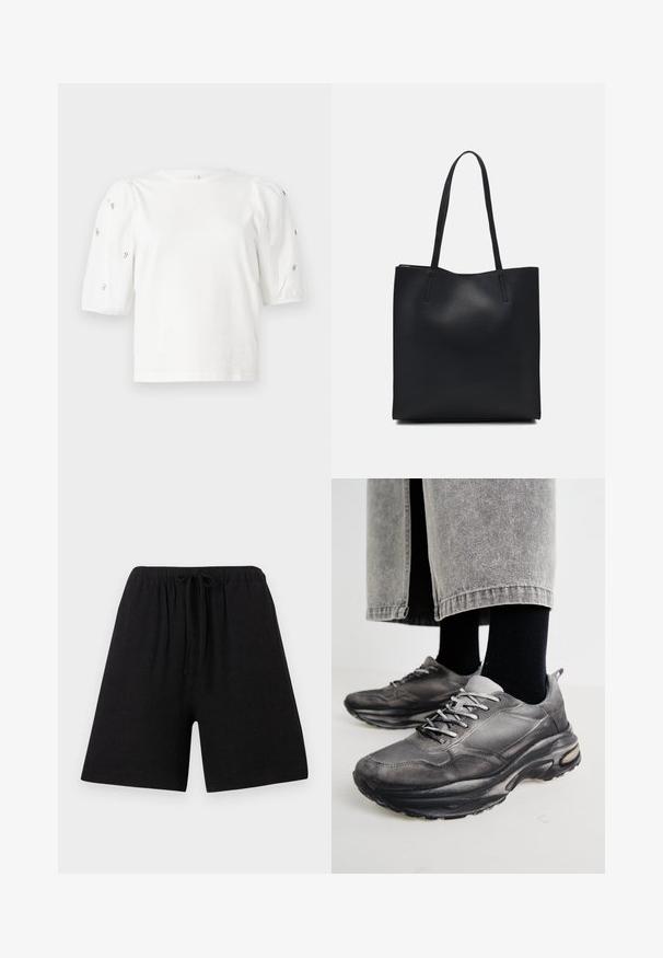 T-shirt en coton blanc à manches courtes bouffantes, avec de petites embellissements en argent le long des manches. Encolure arrondie classique, coupe décontractée.; Shorts en lin noir avec une taille élastique et un cordon de serrage. Coupe droite, longueur genoux, tissu texturé, sans motifs ou accents visibles.; Des chaussures de sport noires et grises présentent un dessus en mesh, des semelles épaisses et des lacets. Elles ont un bout arrondi et des détails de rembourrage visibles.; Sac fourre-tout en cuir noir avec une texture lisse, de forme rectangulaire et deux longues poignées. Pas de matériel ou d'ornementations visibles.