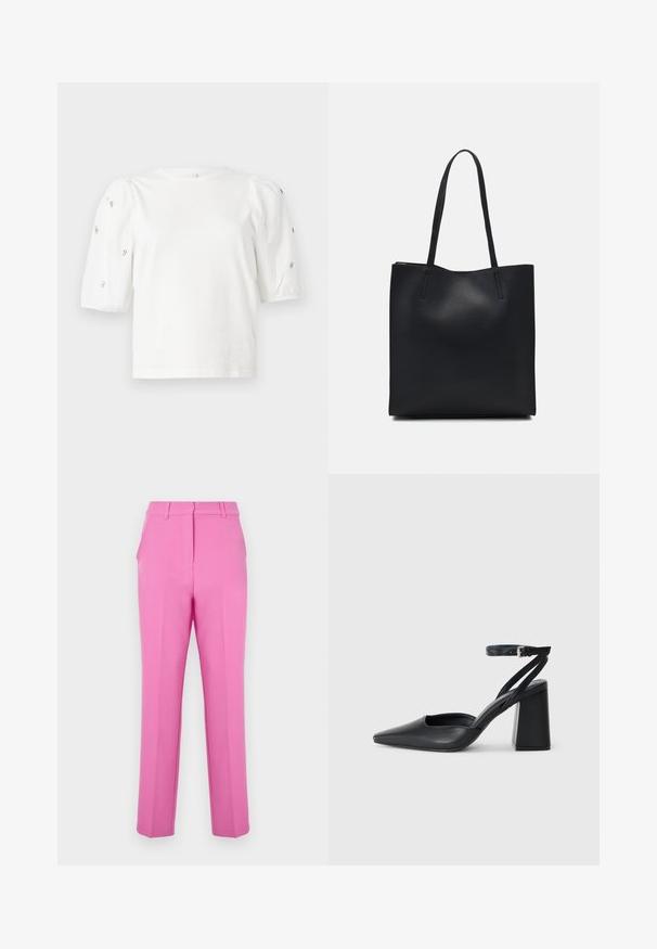 Balta medvilnės marškinėliai trumpomis pūstomis rankovėmis, papuošti mažomis sidabrinėmis detalėmis ant rankovių. Klasikinis apvalus iškirpimas, laisvas siluetas.; Rožinės pritaikytos kelnės su lygia tekstūra, plokščiu priekiu ir šoninėmis kišenėmis. Turi tiesią kojų formą ir diržo kilpas.; Juoda odinė smailiagalė aukštakulnio bateliai su kulkšnies dirželiu ir storu kulnu. Lygus paviršius, elegantiškas dizainas ir minimalistiška estetinė. ; Juodas odinis tote krepšys su lygia tekstūra, stačiakampio formos ir dviem ilgais rankenomis. Matomų metalinių detalių ar puošybos nėra.