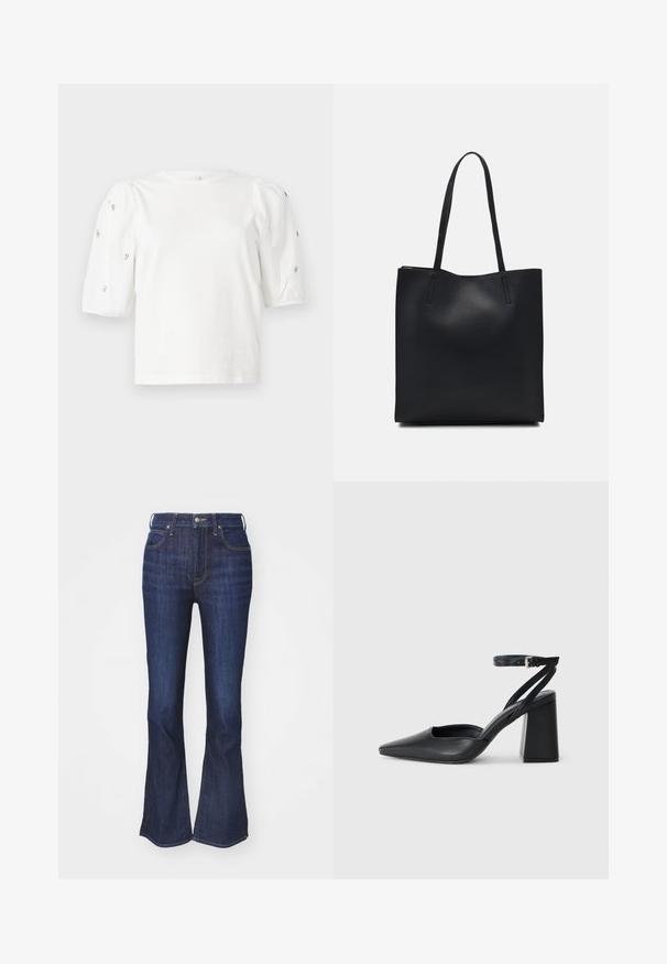 White cotton t-shirt with short puff sleeves, featuring small silver embellishments along the sleeves. Classic round neckline, relaxed fit.; Jeans in dark denim with a flared leg design, featuring a front button and zipper closure, and five-pocket style with contrasting stitching.; Black leather pointy-toe pump with an ankle strap and a chunky heel. Flat texture, sleek design, and minimalistic aesthetics.; Black leather tote bag with smooth texture, rectangular shape, and two long handles. No visible hardware or embellishments.