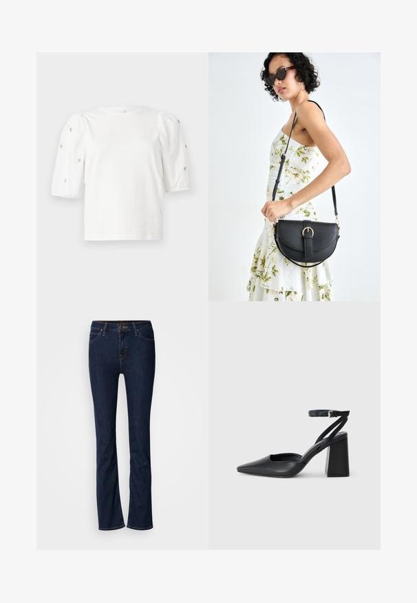 T-shirt branca de algodão com mangas puff curtas, apresentando pequenos embellissements prateados ao longo das mangas. Decote redondo clássico, corte descontraído.; Jenas de ganga azul escuro com um design de perna reta, estilo de cinco bolsos e costura clara. A cintura apresenta um fecho de botão metálico.; Sandal com biqueira afilada em couro preto, com cinta no tornozelo e salto grosso. Textura lisa, design elegante e estética minimalista.; Bolsa de couro preta com forma curva, alça destacável e detalhes em dourado. A bolsa possui uma aba com detalhe de fivela.