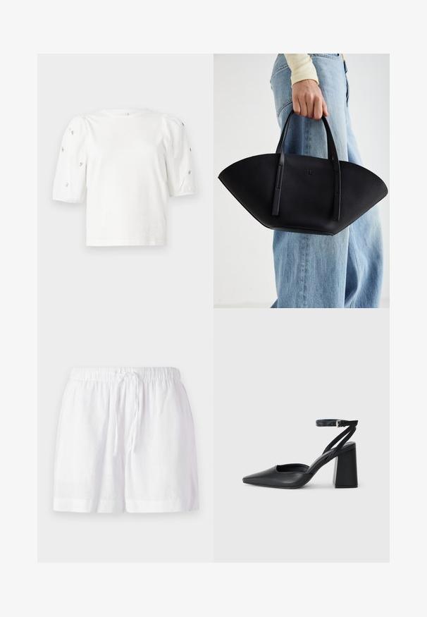 Hvit bomull T-skjorte med korte pufferm, med små sølvdekorasjoner langs ermene. Klassisk rund hals, avslappet passform.; Hvite linshorts med elastisk liv og justerbar snor. Har en avslappet passform og oppbrettede hem for komfort.; Svart lær pumps med spiss tå, ankelrem og kraftig hæl. Flat tekstur, strømlinjeformet design og minimalisme.; Svart skinnveske med en unik vifteform, med flate håndtak. Overflaten har en pebblelignende tekstur og et minimalistisk design.