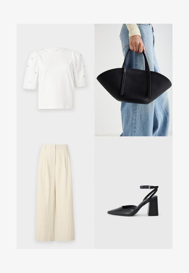 Fehér pamut póló rövid puffos ujjakkal, a ujjain kicsi ezüst díszítések találhatók. Klasszikus kerek nyakú, laza fazonú.; Tej jellegű anyagból készült, krém színű, bő szárú nadrág. Elöl redők találhatók, magas derékkal, amely laza szabást kínál az egész nadrágon.; Fekete bőr, hegyes orrú magassarkú cipő boka pánttal és vastag sarokkal. Sima textúra, elegáns dizájn és minimális esztétika.; Fekete bőr kézitáska egyedi legyezőformával, lapos füllel. A felülete kőriszerű textúrájú és minimalista dizájnnal rendelkezik.