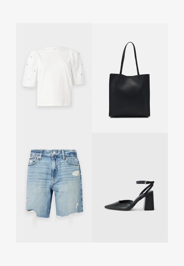 Valge puuvillane T-särk lühikeste puffkäistega, millel on väikesed hõbedased kaunistused käiste servades. Klassikaline ümmargune kaelus, vaba ja mugav lõige.; Heledad sinised teksapükse lühikesed püksid kõrge vöökohaga. Omavad kulunud detaile, kotilisi ääri ja mitmeid taskuid. Klassikaline viie tasku disain.; Mustmustest must-käigukingad, millel on konksuga nöör ja paks konts. Ühtlane tekstuur, stiilne disain ja minimalistlik esteetika.; Mustast nahast kott sujuva tekstuuriga, ristkülikukujuline ja kahe pika sangaga. Pole nähtavat riistvara ega kaunistusi.