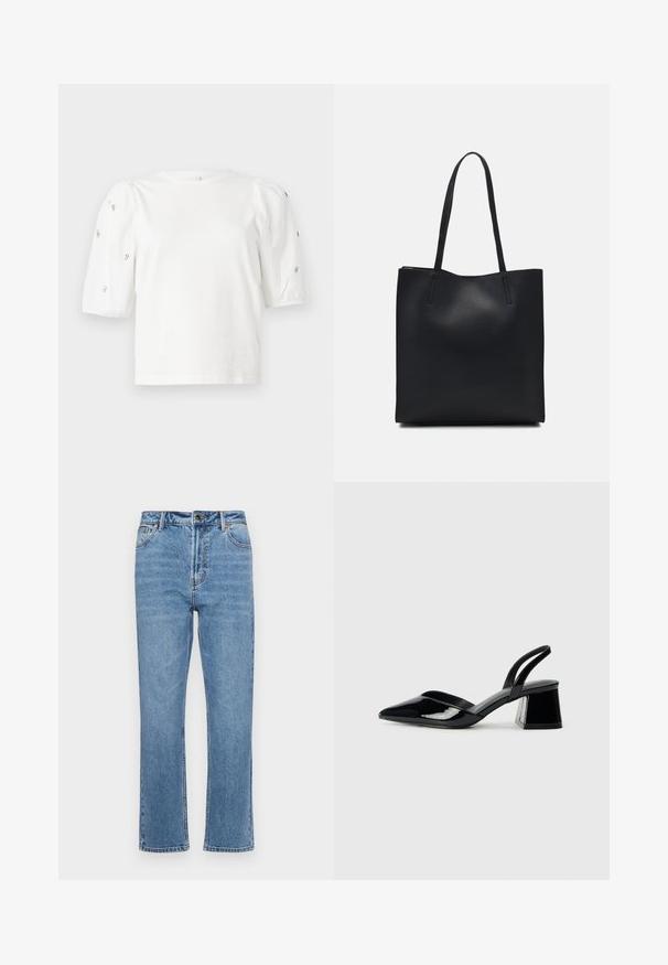 T-shirt branca de algodão com mangas puff curtas, apresentando pequenos embellissements prateados ao longo das mangas. Decote redondo clássico, corte descontraído.; Calças de ganga azul claro com corte reto, design de cinco bolsos, fecho frontal por botão e ligeira descoloração no tecido.; Sandy em verniz preto com salto slingback, ponta afilada e salto geométrico. Apresenta um design elegante e minimalista com textura suave.; Bolsa tote preta em couro com textura lisa, forma retangular e duas alças longas. Sem hardware ou enfeites visíveis.