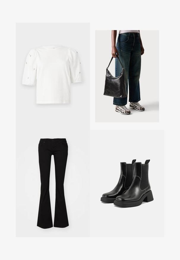 T-shirt branca de algodão com mangas puff curtas, apresentando pequenos embellissements prateados ao longo das mangas. Decote redondo clássico, corte descontraído.; Calças de ganga pretas com boca de sino, apresentando um fecho de correr, cinco bolsos e uma cintura ajustada que se alarga até uma bainha boca de sino nos tornozelos.; Botas Chelsea em couro preto com um salto grosso, painéis laterais elásticos e costura branca em contraste. Acabamento texturizado.; Bolsa de ombro em couro preto com textura suave e alça ajustável, combinada com jeans de perna larga desbotados e ténis desportivos.