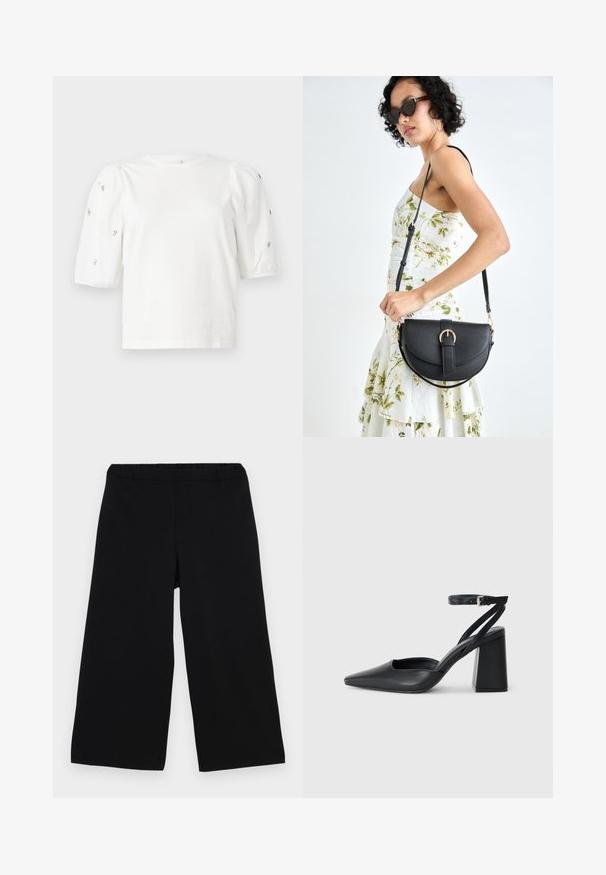 Valge puuvillane T-särk lühikeste puffkäistega, millel on väikesed hõbedased kaunistused käiste servades. Klassikaline ümmargune kaelus, vaba ja mugav lõige.; Mustad laiad püksid elastse vöökohtaga. Valmistatud siledast kangast, lihtsa ja puhta disainiga, ilma taskuteta või kaunistusteta.; Mustmustest must-käigukingad, millel on konksuga nöör ja paks konts. Ühtlane tekstuur, stiilne disain ja minimalistlik esteetika.; Mustmust mustraha kõverate joontega, eemaldatava rihmaga ja kuldsete detailidega. Kotil on klapp, millel on pandladetail.