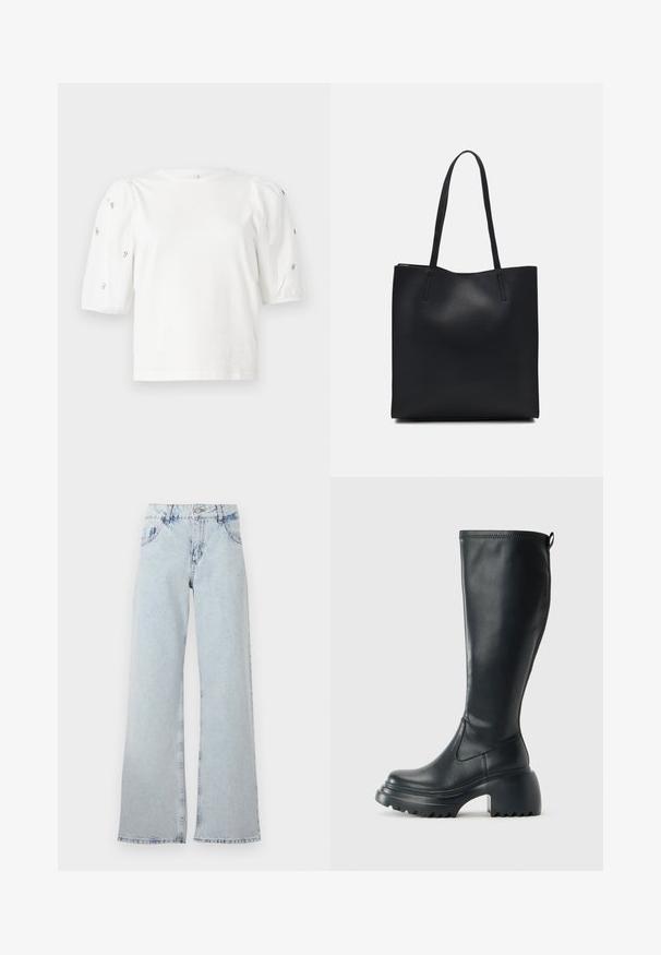 Hvit bomull T-skjorte med korte pufferm, med små sølvdekorasjoner langs ermene. Klassisk rund hals, avslappet passform.; Lyseblå vide jeans laget av denim, med høy midje, beltehemper, fem lommer og falmede områder for et vintage utseende.; Høy svart lærstøvel med chunky plattformsåle og blokkhelt, med trekkstang og teksturert mønster på yttersålen.; Svart lær tote bag med glatt tekstur, rektangulær form og to lange håndtak. Ingen synlige deler eller dekorasjoner.