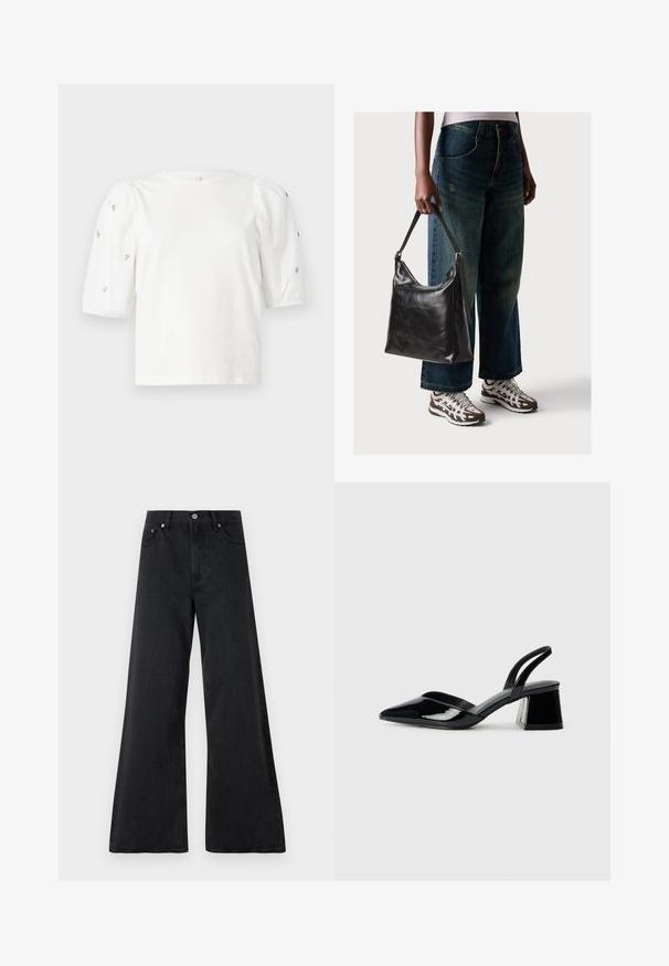 Hvid bomulds t-shirt med korte puffærmer, med små sølv detaljer langs ærmerne. Klassisk rund halsudskæring, afslappet pasform.; Sort brede jeans lavet af tekstureret denim, med knaplukning, bæltestropper og forlommer. Glat finish med en løs pasform.; Sorte patentlæder slingback hæle med spids tå og en geometrisk blok hæl. Har et elegant, minimalistisk design og en glat tekstur.; Sort læder skuldertaske med en glat tekstur og justerbar skulderrem, parret med faded brede bukser og atletiske sneakers.