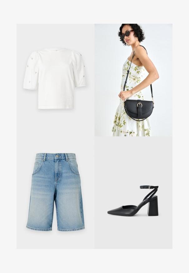 Balta kokvilnas t-kreklu ar īsām puff piedurknēm, ar nelieliem sudraba rotājumiem gar piedurknēm. Klasisks apaļš izgriezums, brīvā piegriezuma.; Gai zili zili džinsi ar taisnu griezumu, piecu kabatu dizainu un pogu aizdari jostasvietā. Izbalējusi tekstūra visā virsmā.; Melna ādas augstpapēžu kurpe ar norakstīto purngala formu, potītes siksniņu un masīlu papēdi. Gluda tekstūra, elegants dizains un minimālisma estētika.; Melnas ādas rokassoma ar izliekta formu, noņemamu siksnu un zelta aksesuāriem. Somai ir vāciņš ar sprādzes detaļu.