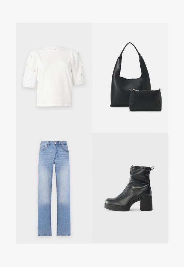 Bela bombažna majica s kratkimi rokavi s pufastimi rokavi, ki ima majhne srebrne okrase vzdolž rokavov. Klasičen okrogel izrez, sproščen kroj.; Svetlo modri kavbojki s straight leg obliko, ki imajo zbledelo pranje na spodnjem delu in klasični pet-pocket slog.; Črne gležnjarje iz gladke kože z božnim zadrgo, masivnim teksturiranim peto in zaobljeno obliko prstov.; Even&Odd Torbica - black