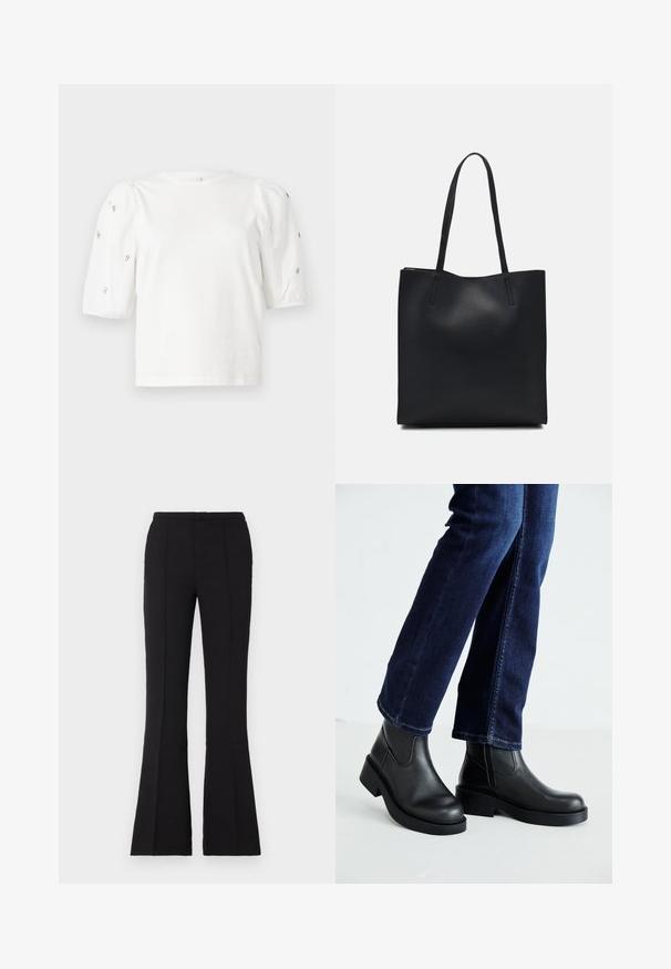 Hvit bomull T-skjorte med korte pufferm, med små sølvdekorasjoner langs ermene. Klassisk rund hals, avslappet passform.; Sorte flagrende bukser laget av glatt stoff, med en tettsittende midje, front sømdetaljer og en lett flare som begynner fra kneet.; Sorte lær ankelsko med en kraftig såle og elastiske paneler på siden, kombinert med mørkeblå jeans. Underlaget er lyst.; Svart lær tote bag med glatt tekstur, rektangulær form og to lange håndtak. Ingen synlige deler eller dekorasjoner.