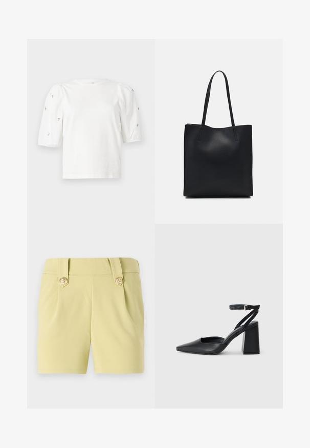 Balta kokvilnas t-kreklu ar īsām puff piedurknēm, ar nelieliem sudraba rotājumiem gar piedurknēm. Klasisks apaļš izgriezums, brīvā piegriezuma.; Gaiši dzelteni šorti ar gludu audumu, ar divām priekšējām krokām un zelta dekoratīvajiem pogām uz jostas. Pielāgota konstrukcija.; Melna ādas augstpapēžu kurpe ar norakstīto purngala formu, potītes siksniņu un masīlu papēdi. Gluda tekstūra, elegants dizains un minimālisma estētika.; Melnas ādas somiņa ar gludu tekstūru, taisnstūra formu un divām garām rokturiem. Nav redzamu aparatūras vai rotājumu.