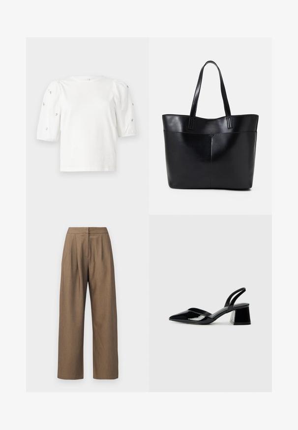 Hvit bomull T-skjorte med korte pufferm, med små sølvdekorasjoner langs ermene. Klassisk rund hals, avslappet passform.; Brune, vide bukser med glatt tekstur og folder foran. Skreddersydd midjebånd med ren avslutning nederst.; Svarte patentlær slingback hæler med spiss tå og geometrisk blokk hæl. Har et stilrent, minimalistisk design og jevn tekstur.; Svart lær toteveske med to lange håndtak, en glatt tekstur og en strukturert form. Har en frontlomme for ekstra oppbevaring.