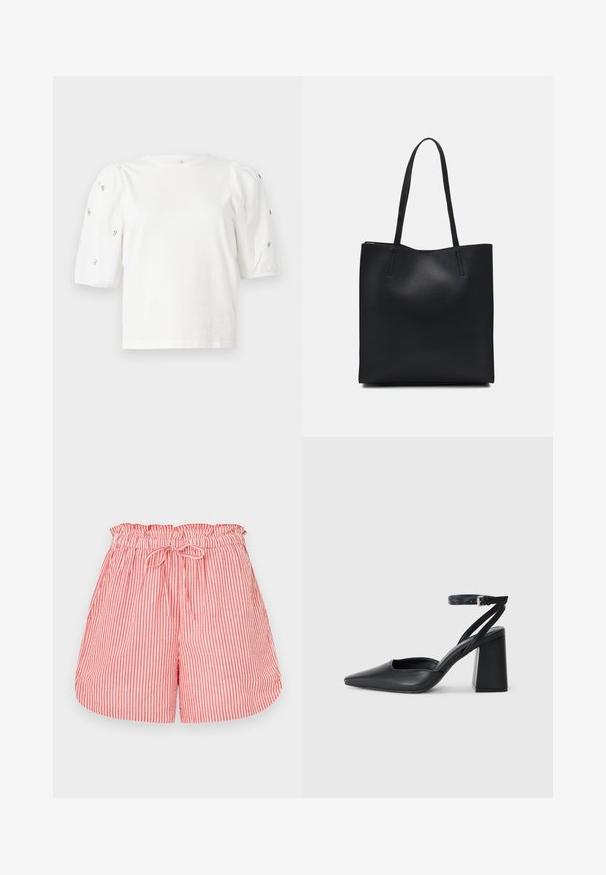 White cotton t-shirt with short puff sleeves, featuring small silver embellishments along the sleeves. Classic round neckline, relaxed fit.; Red and white striped shorts with an elastic waistband and drawstring tie. Features a relaxed fit and a smooth texture.; Black leather pointy-toe pump with an ankle strap and a chunky heel. Flat texture, sleek design, and minimalistic aesthetics.; Black leather tote bag with smooth texture, rectangular shape, and two long handles. No visible hardware or embellishments.