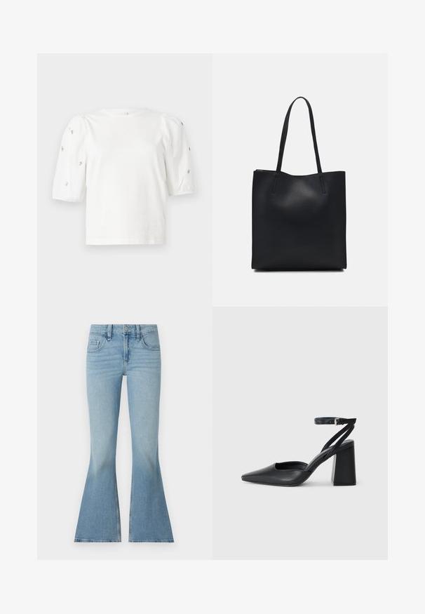 Biela bavlnená tričko s krátkymi volánovými rukávmi, zdobené malými striebornými ozdobami pozdĺž rukávov. Klasický okrúhly výstrih, voľný strih.; Svetlomodré džínsové zvonové nohavice s vysokým pásom, dizajnom s piatimi vreckami, jemným vyblednutím a širokým lemom; vyrobené z tkaninovej bavlny.; Čierne kožené lodičky s špicatou špičkou a členkovým remienkom, s masívnym podpätkom. Hladký povrch, elegantný dizajn a minimalistická estetika.; Čierna kožená taška na rameno s hladkým povrchom, obdĺžnikovým tvarom a dvoma dlhými uchami. Bez viditeľného kovania alebo ozdôb.