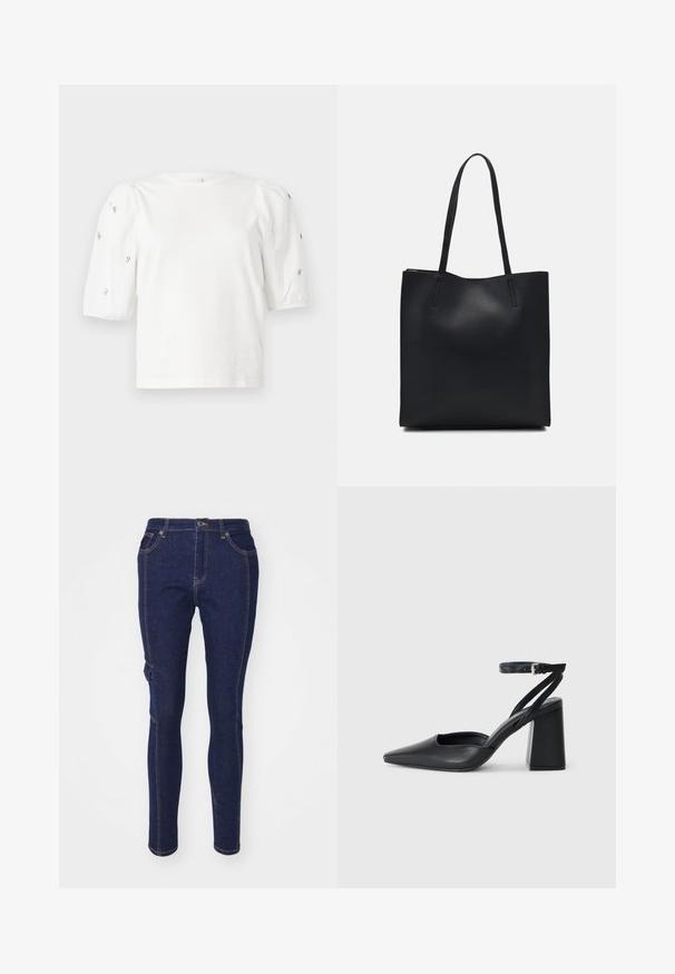 T-shirt branca de algodão com mangas puff curtas, apresentando pequenos embellissements prateados ao longo das mangas. Decote redondo clássico, corte descontraído.; Jeans de ganga azul escuro com um corte slim, apresentando um design clássico de cinco bolsos e costuras laranja em contraste. Sem padrões ou detalhes notáveis.; Sandal com biqueira afilada em couro preto, com cinta no tornozelo e salto grosso. Textura lisa, design elegante e estética minimalista.; Bolsa tote preta em couro com textura lisa, forma retangular e duas alças longas. Sem hardware ou enfeites visíveis.