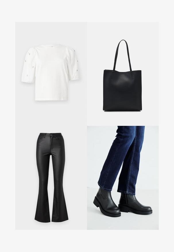 T-shirt en coton blanc à manches courtes bouffantes, avec de petites embellissements en argent le long des manches. Encolure arrondie classique, coupe décontractée.; Object OBJBELLE COATED FLARED PANT - Pantalon classique - black; Bottines en cuir noir avec une semelle épaisse et des panneaux élastiques sur les côtés, associées à un jean bleu foncé. Le sol est de couleur claire.; Sac fourre-tout en cuir noir avec une texture lisse, de forme rectangulaire et deux longues poignées. Pas de matériel ou d'ornementations visibles.
