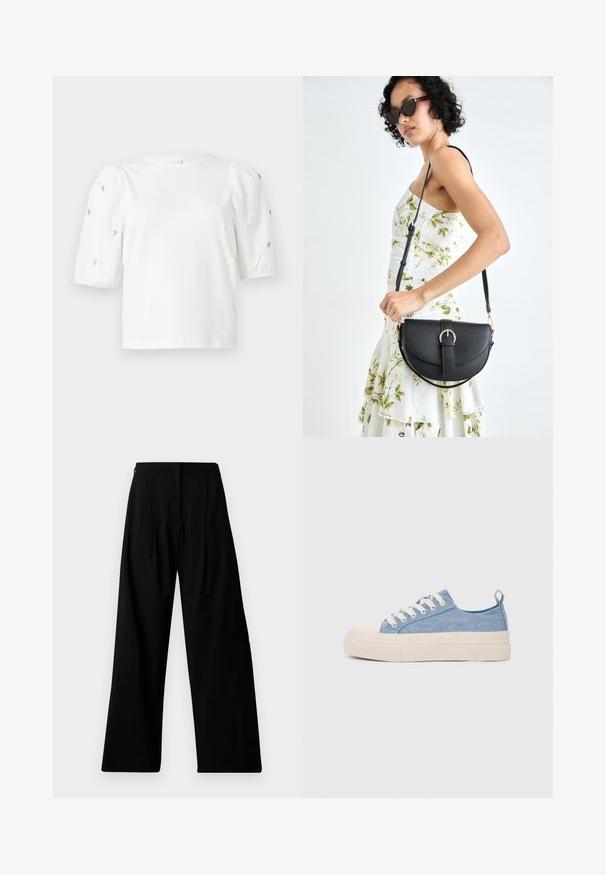 Bijela pamučna majica s kratkim puf rukavima, s malim srebrnim ukrasima duž rukava. Klasičan okrugli izrez, opušteni kroj.; Široke crne hlače s visokim strukom, sa naprsnim plisama, skrivenim prednjim zakopčavanjem i minimalnim logotipom na lijevoj nozi.; Svijetloplave platnene tenisice s kremastim gumenim vrhom i potplatom, koje imaju bijele vezice i petnu traku.; Crna kožna torba s lukovitim oblikom, odvojivim remenom i zlatnim detaljima. Torba ima preklop s kopčom.