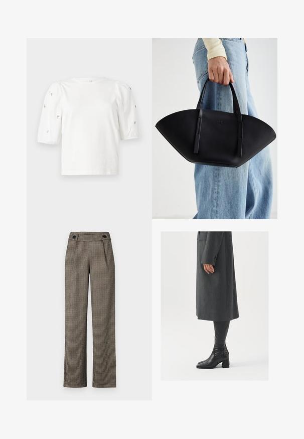 Tricou alb din bumbac cu mâneci scurte tip bufantă, având mici embellisheuri argintii pe mâneci. Decolteu clasic rotund, croială lejeră.; Pantaloni cu model căptușit de culoare maro, cu talie înaltă, având pliuri laterale și accente din butoane negre. Confectionați dintr-un material texturat țesut.; Palton gri, croit cu un croi drept; asortat cu cizme din piele neagră, până la genunchi, cu vârf pătrat și toc chunky.; Geantă de piele neagră cu o formă unică de evantai, având mânere plate. Suprafața are o textură cu mici granule și un design minimalist.