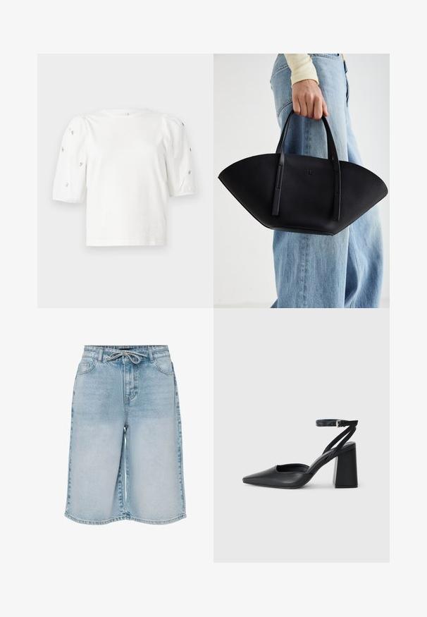 Άσπρη βαμβακερή μπλούζα με κοντά φουσκωτά μανίκια, διακοσμημένη με μικρές ασημένιες λεπτομέρειες κατά μήκος των μανικιών. Κλασική στρογγυλή λαιμόκοψη, χαλαρή εφαρμογή.; Ανοιχτό μπλε τζιν σορτς σε χαλαρή γραμμή, με ελαστική μέση και κορδόνι, δύο μπροστινές τσέπες και ξεθωριασμένη υφή. Κόβονται στο μήκος του γονάτου.; Μαύρο δερμάτινο ψηλοτάκουνο παπούτσι με οξύ μυτερό τόξο, λουράκι στον αστράγαλο και χοντρό τακούνι. Λείος υφασματισμός, κομψός σχεδιασμός και μινιμαλιστική αισθητική.; Μαύρη δερμάτινη τσάντα χειρός με μοναδικό σχήμα φτερού, διαθέτει επίπεδους χειροφύλακες. Η επιφάνεια έχει υφή ογκωτού βράχου και μινιμαλιστικό σχέδιο.