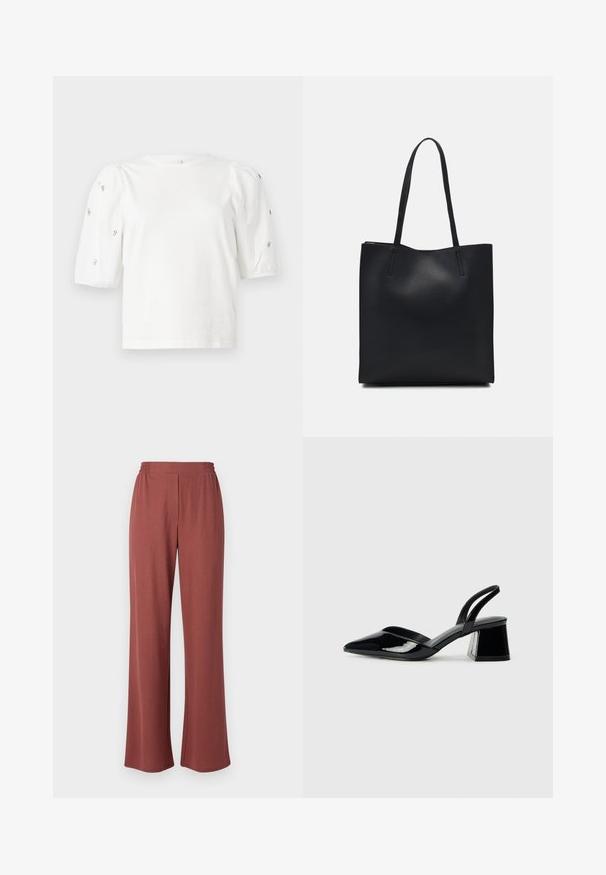 T-shirt branca de algodão com mangas puff curtas, apresentando pequenos embellissements prateados ao longo das mangas. Decote redondo clássico, corte descontraído.; Calças largas em um tecido castanho-avermelhado. Apresentam um cós elástico e uma textura suave. Sem padrões ou detalhes visíveis.; Sandy em verniz preto com salto slingback, ponta afilada e salto geométrico. Apresenta um design elegante e minimalista com textura suave.; Bolsa tote preta em couro com textura lisa, forma retangular e duas alças longas. Sem hardware ou enfeites visíveis.