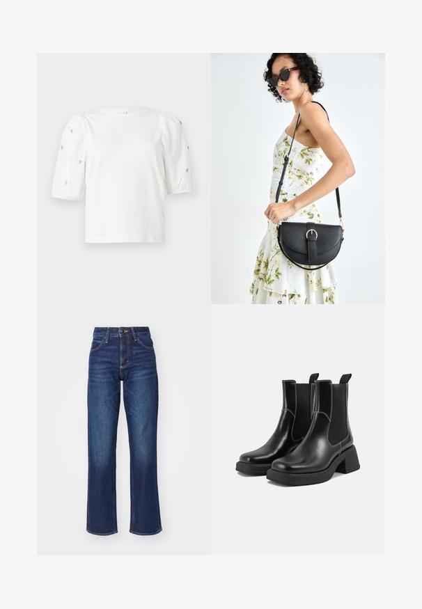 Valge puuvillane T-särk lühikeste puffkäistega, millel on väikesed hõbedased kaunistused käiste servades. Klassikaline ümmargune kaelus, vaba ja mugav lõige.; Tumed denimist kõrge vöökoht, laienev lõik, peened kulumisjäljed ja kontrastne õmblemine. Metallsulgur ja lukuga kinnitamine.; Must musta Chelsea saapad, millel on paks konts, elastsed külgpaneelid ja kontrastne valge õmblus. Tekstuuriga viimistlus.; Mustmust mustraha kõverate joontega, eemaldatava rihmaga ja kuldsete detailidega. Kotil on klapp, millel on pandladetail.