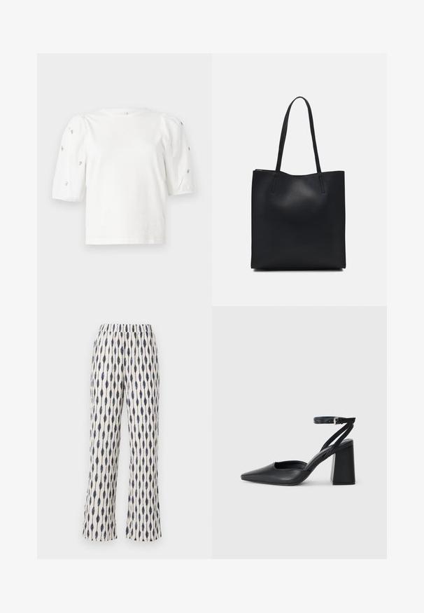 White cotton t-shirt with short puff sleeves, featuring small silver embellishments along the sleeves. Classic round neckline, relaxed fit.; Wide-leg pants in a cream fabric, featuring a repetitive navy teardrop pattern. Elastic waistband and soft texture enhance comfort.; Black leather pointy-toe pump with an ankle strap and a chunky heel. Flat texture, sleek design, and minimalistic aesthetics.; Black leather tote bag with smooth texture, rectangular shape, and two long handles. No visible hardware or embellishments.