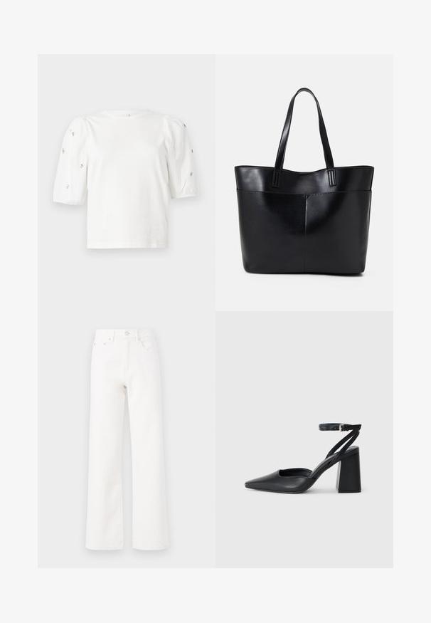 Camiseta de algodón blanca con mangas cortas tipo globo, que presenta pequeños adornos plateados en las mangas. Cuello redondo clásico, corte holgado.; Jeans de mezclilla blanca, de cintura alta, diseño de pierna ancha, estilo clásico de cinco bolsillos, cierre frontal con botón y cremallera, textura suave sin patrones visibles.; Zapato de tacón puntiagudo de cuero negro con tira en el tobillo y tacón ancho. Textura plana, diseño elegante y estética minimalista.; Bolso tote de cuero negro con dos asas largas, textura suave y forma estructurada. Cuenta con un bolsillo frontal para almacenamiento adicional.